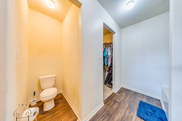 a bathroom with a toilet and a wooden floor