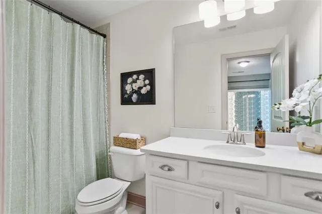 a bathroom with a sink a toilet and shower curtain