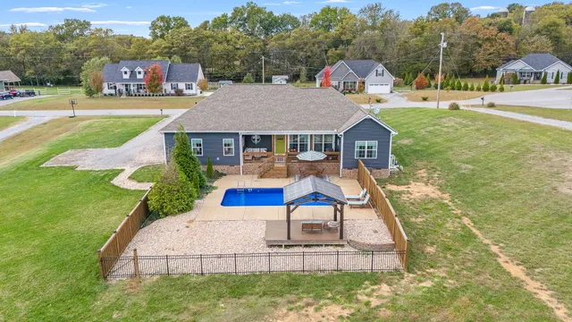 a view of a swimming pool with a mountain view
