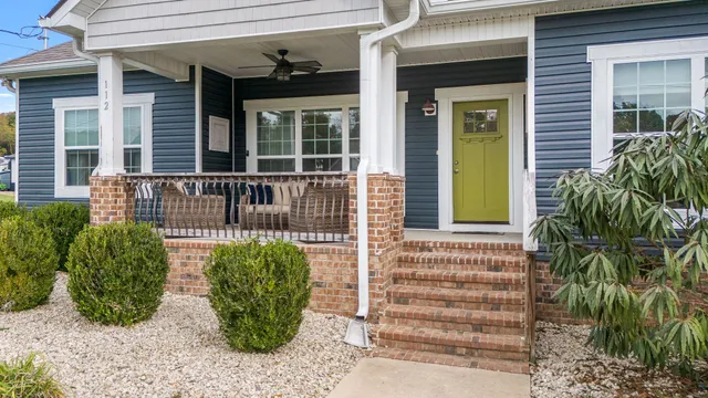 a couple of potted plants in front of door
