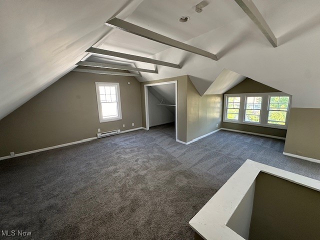 3282 Yorkshire Road Cleveland, OH 44118 - Photo 18 of 33 Additional living space with dark colored carpet, vaulted ceiling with beams, and baseboard heating