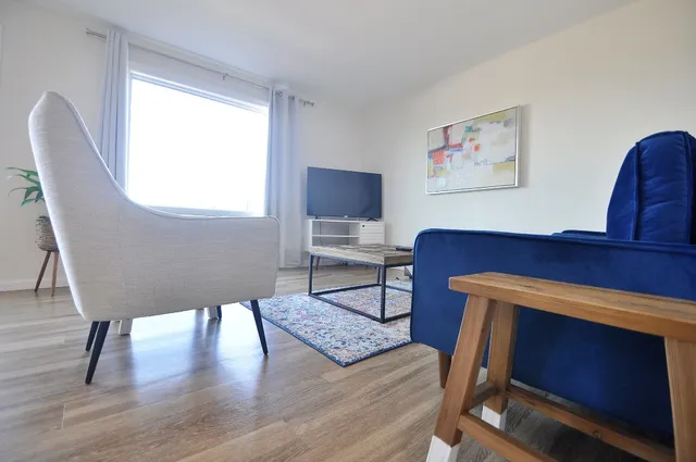a living room with furniture and a potted plant
