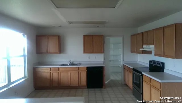 a kitchen with a sink a stove and cabinets