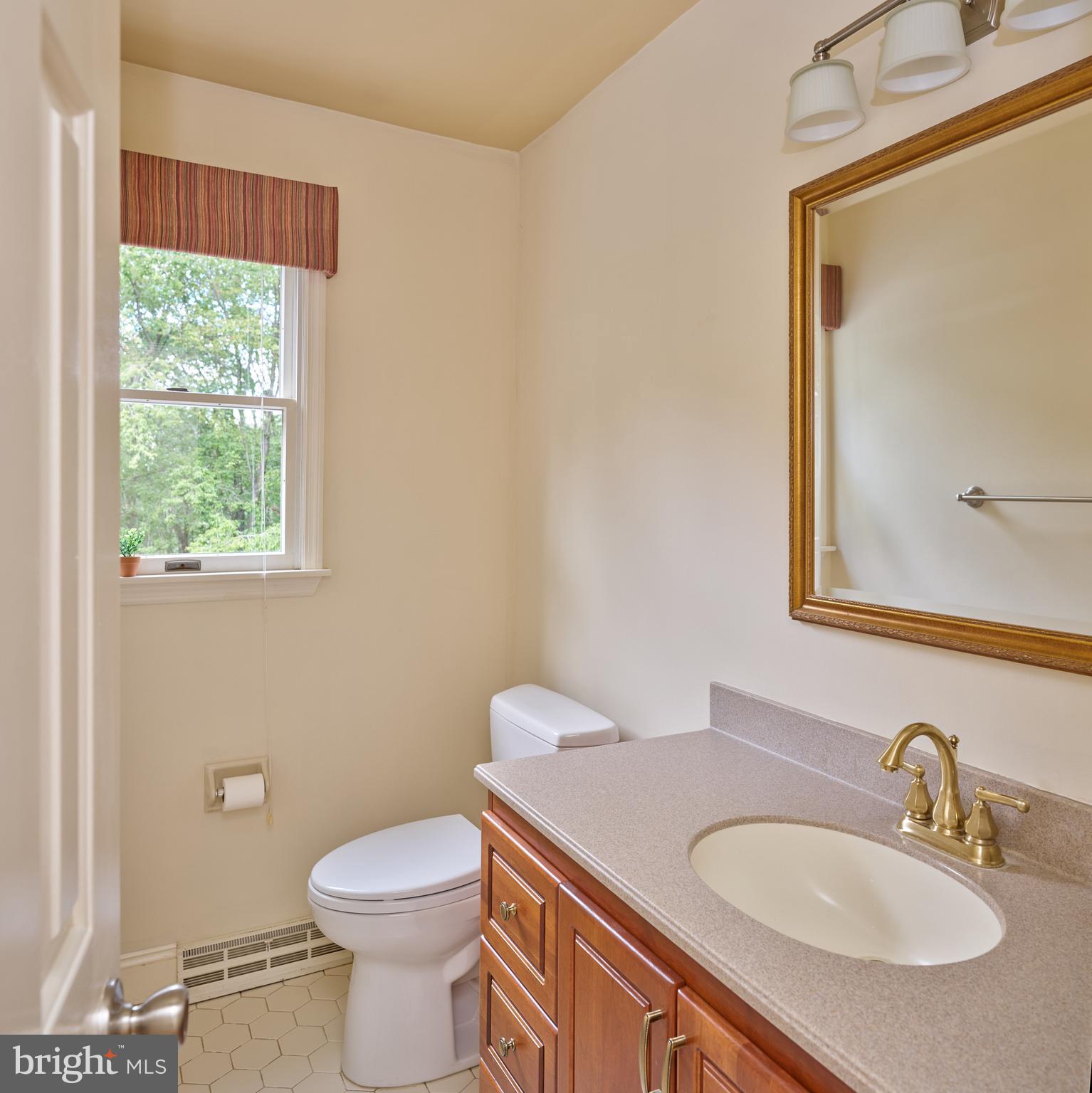 71 Big Spring Road Califon, NJ 07830 - Photo 15 of 41 a bathroom with a granite countertop toilet a sink and a mirror