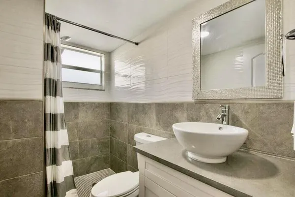 a bathroom with a sink a mirror a toilet and a shower