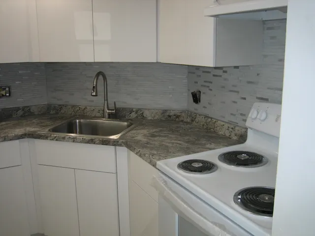 a kitchen with a stove and a sink