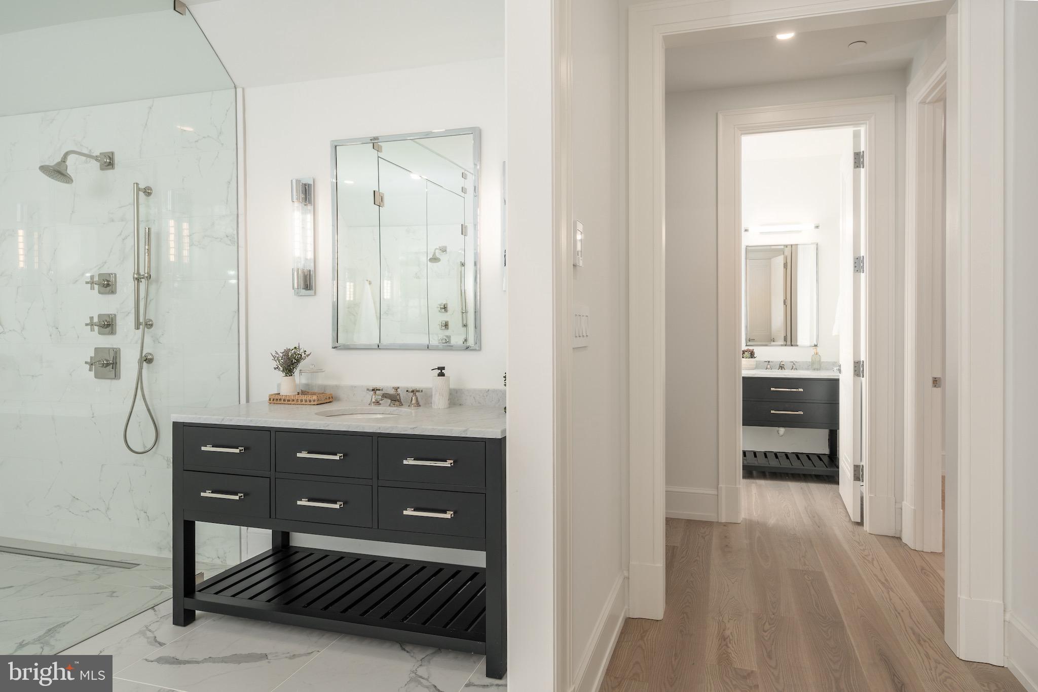 4821 Rodman Street Northwest Washington, DC 20016 - Photo 38 of 52 a bathroom with a sink a mirror and a shower