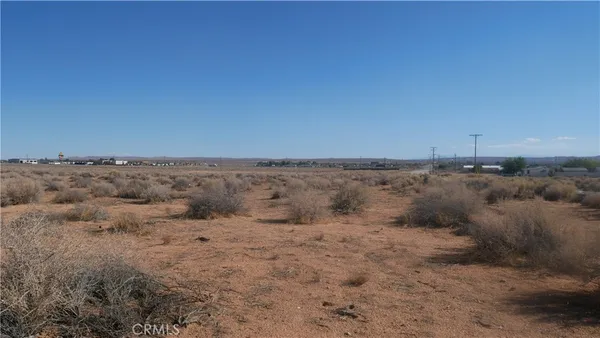 a view of a dry yard with mountains in the background