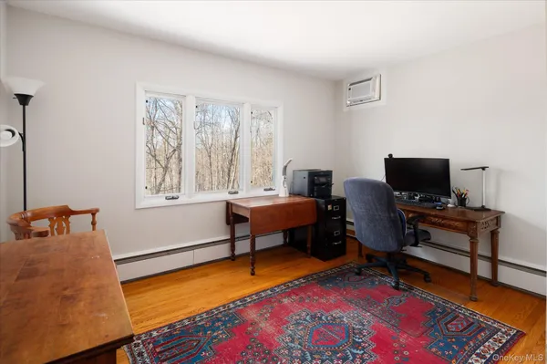 a living room with furniture rug and a window