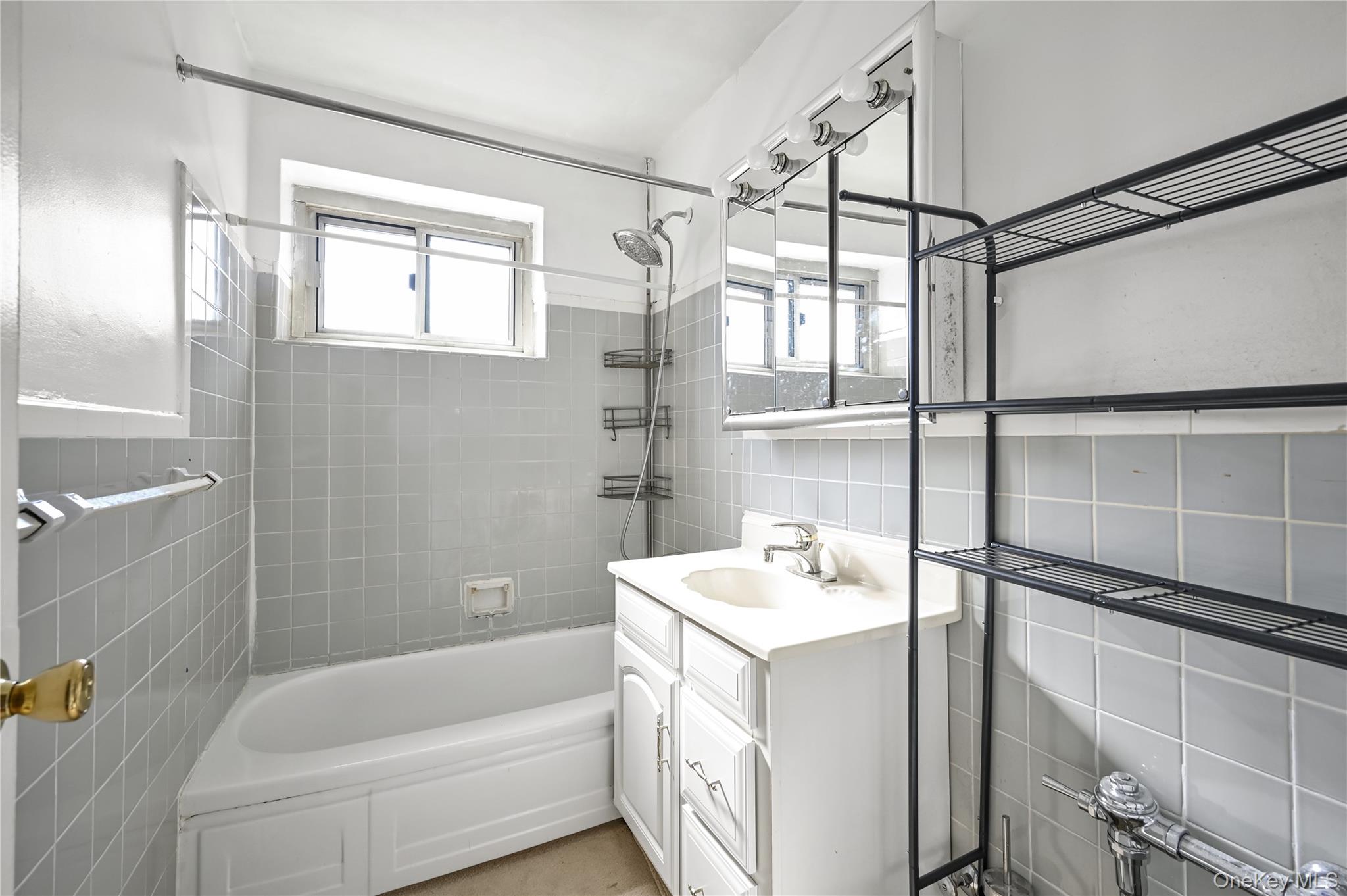 99-10 60th Avenue, Unit 1E Queens, NY 11368 - Photo 15 of 18 a bathroom with a sink a mirror and a bathtub