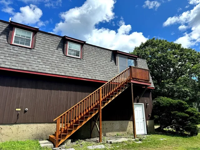a view of a house with a yard plants and a large tree