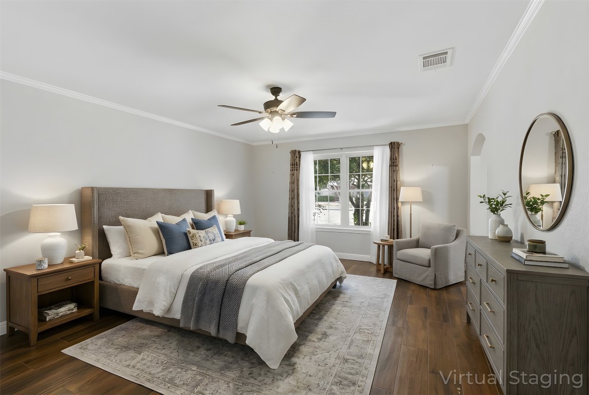 1600 East Messick Loop Round Rock, TX 78681 - Photo 22 of 38 Virtually staged primary bedroom with multiple furnishings placement options and window for natural light. The alcove to the right leads to the ensuite bath.