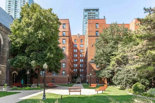a building view with large trees