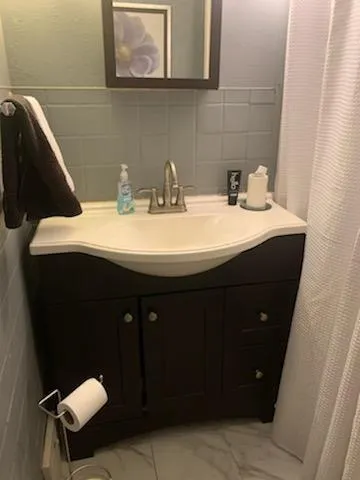 a bathroom with a sink and a mirror