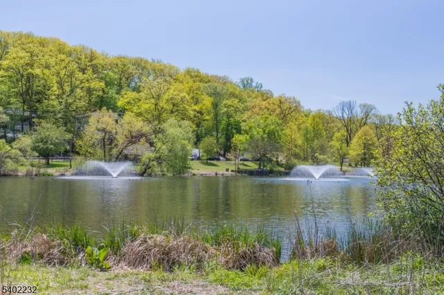 a view of a lake with a big yard and large trees
