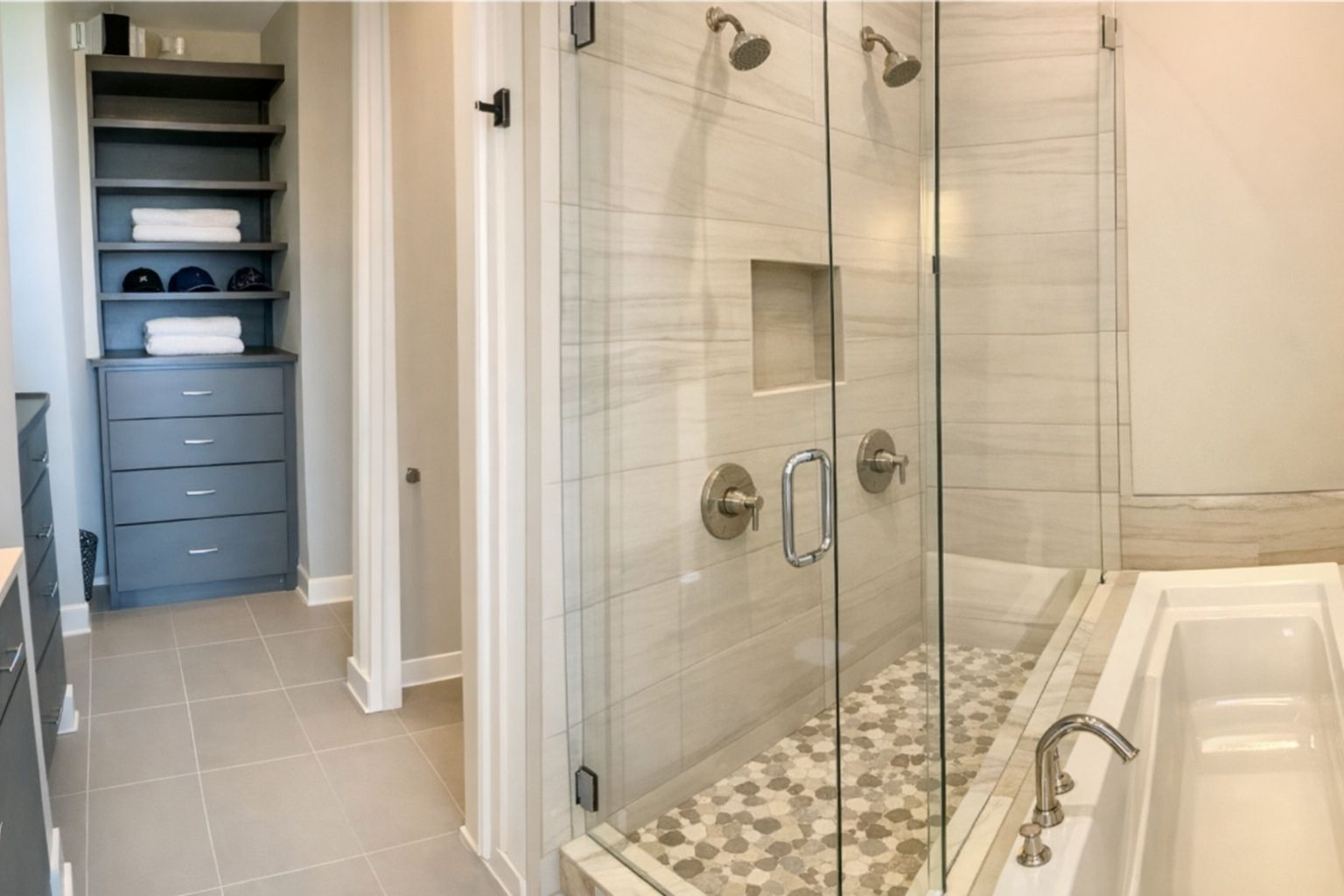 5921 Hiline Road, Unit 2304 Austin, TX 78734 - Photo 28 of 38 Bathroom featuring a bath, a stall shower, vanity, and light tile patterned floors