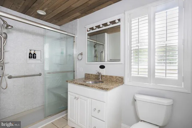 a bathroom with a granite countertop sink a toilet and shower