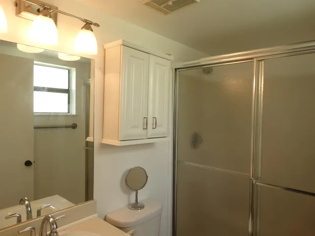 a bathroom with a shower a sink and a mirror