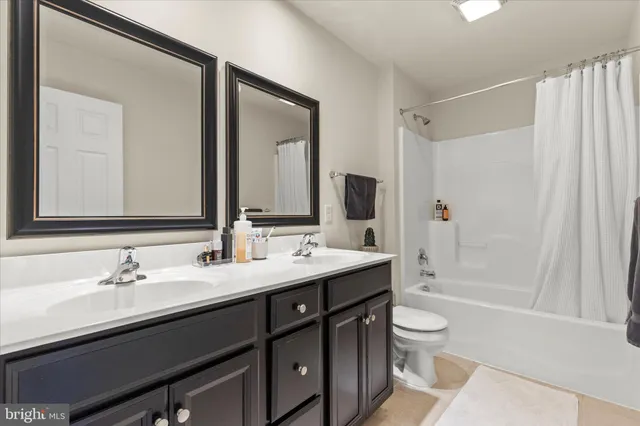 a bathroom with a double vanity sink mirror and toilet