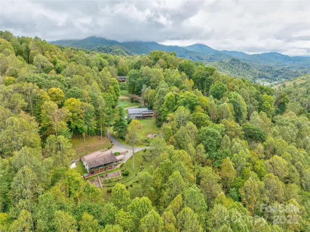 an aerial view of residential house with outdoor space and trees all around