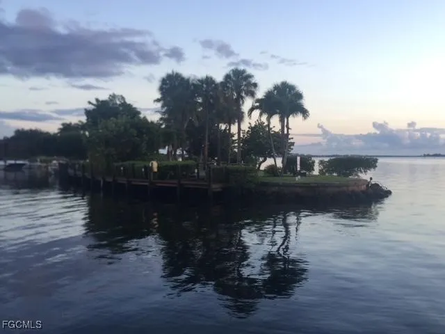 a lake view with boat and palm trees