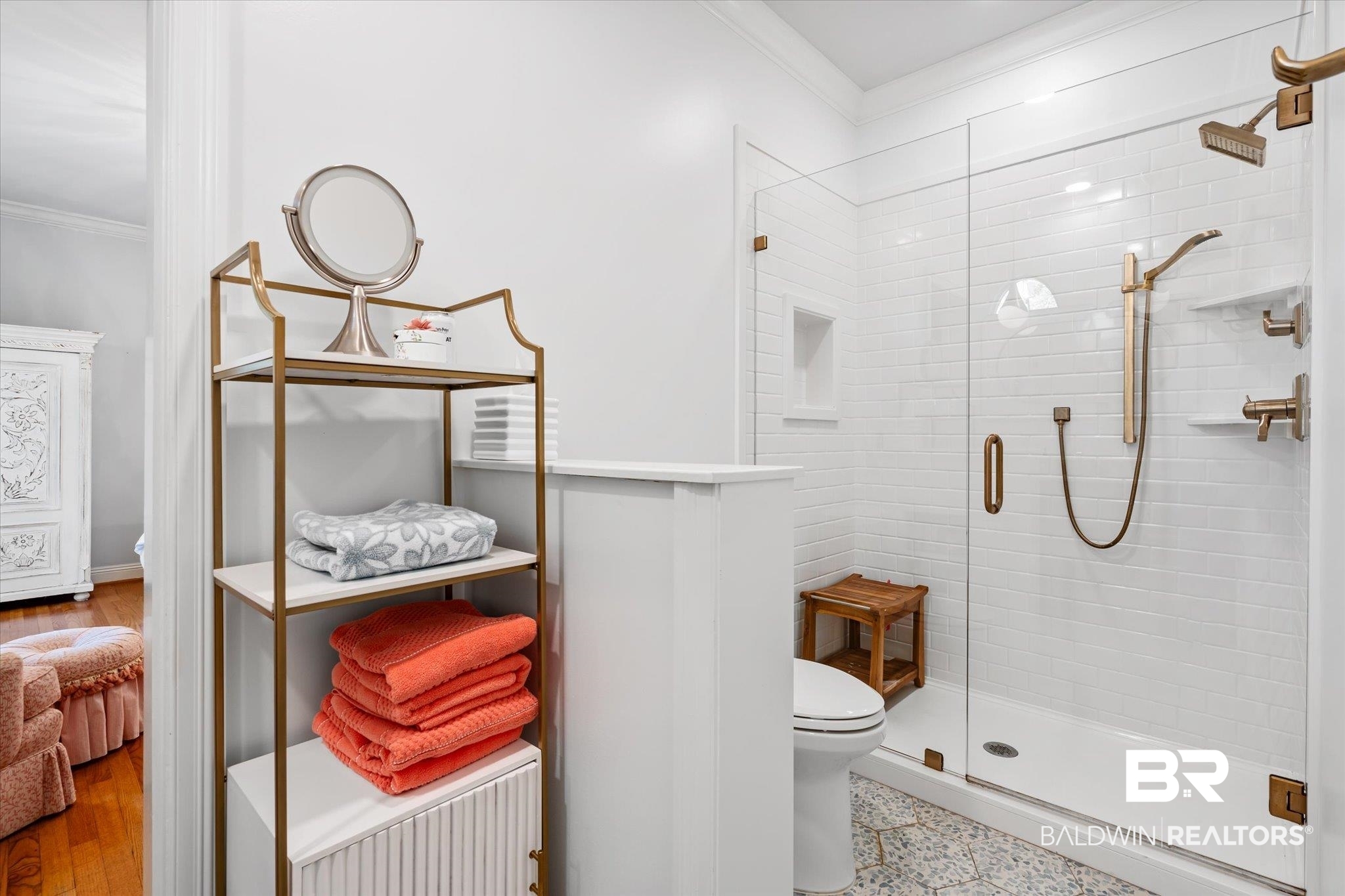 4 Kingsway Mobile, AL 36608 - Photo 25 of 44 Bathroom featuring a stall shower, toilet, and crown molding