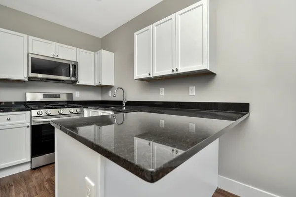a kitchen with stainless steel appliances granite countertop a sink a stove and a microwave