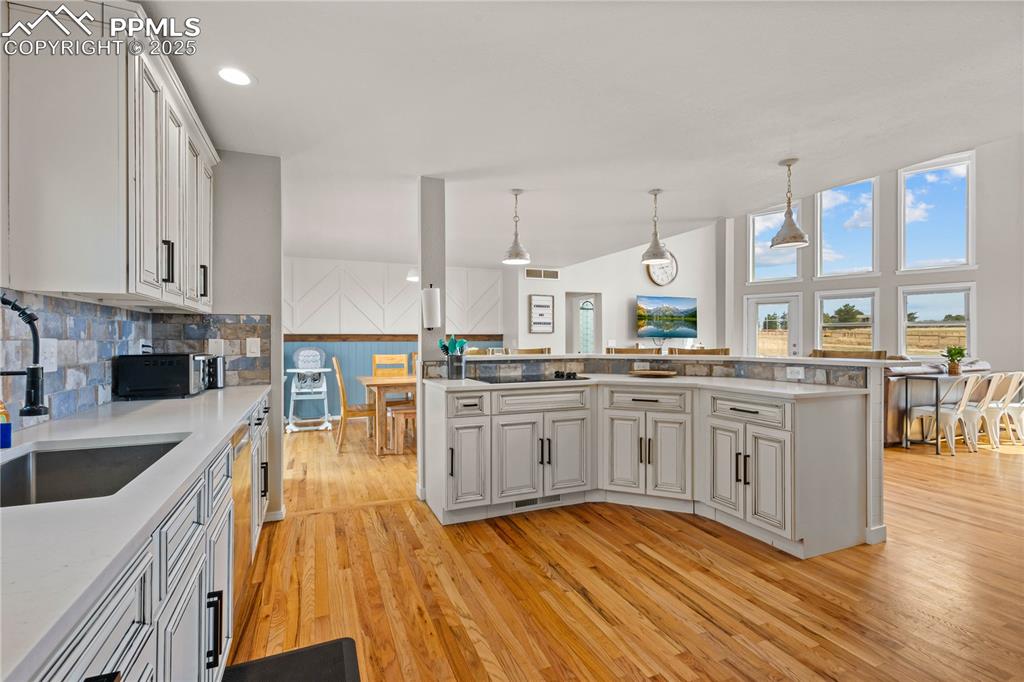 545 Struthers Loop Colorado Springs, CO 80921 - Photo 8 of 48 a kitchen with stainless steel appliances white cabinets a sink dishwasher and a stove with wooden floor