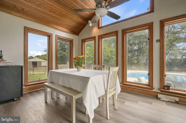 a view of a dining room with furniture window and wooden floor