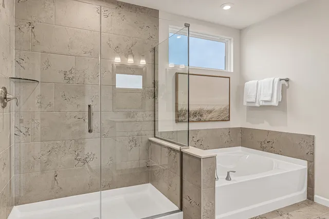 a bathroom with a bathtub and shower