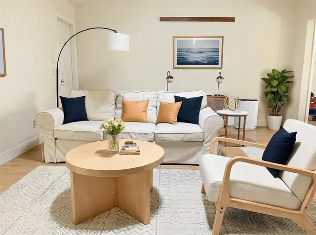 a living room with furniture and a potted plant