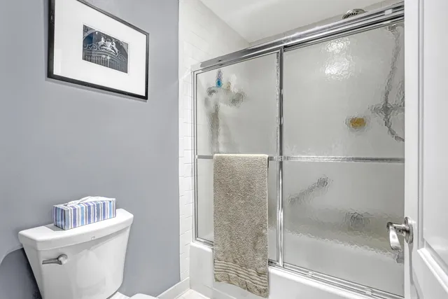 a bathroom with a shower and a toilet