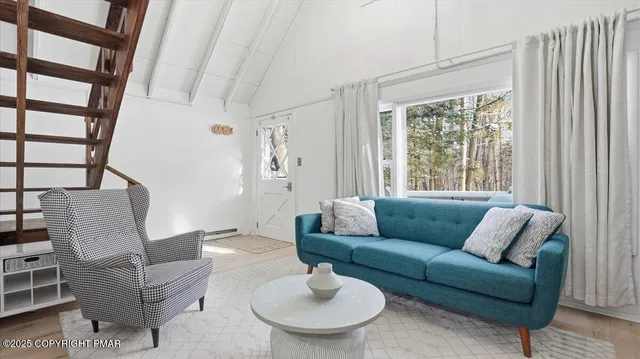 a living room with furniture and a potted plant