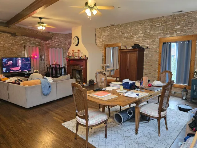 a view of a dining room with furniture
