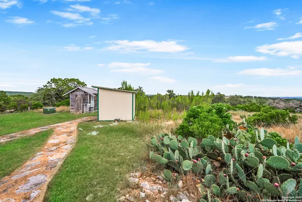 a view of a city from a yard