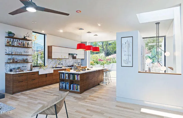 a room with a large window and table