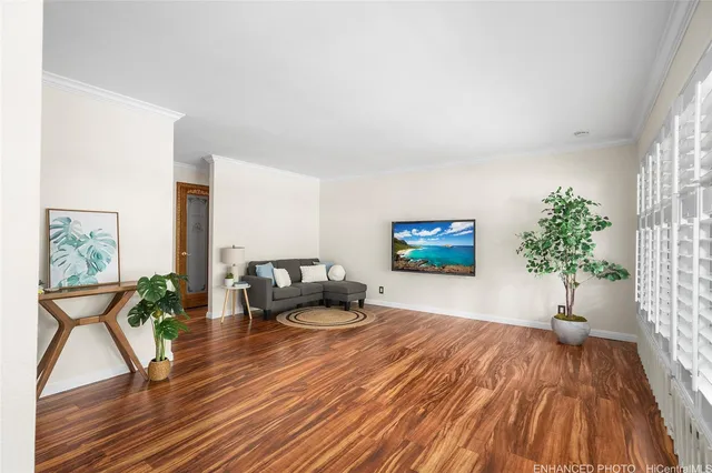 a living room with furniture and a potted plant
