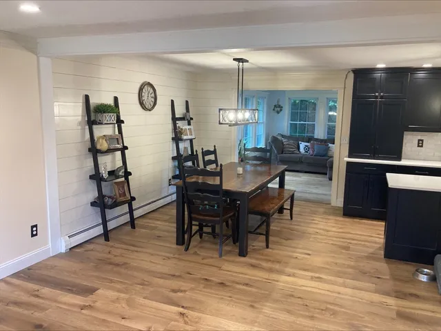a view of a dining room with furniture