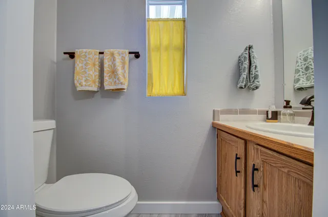 a bathroom with a sink vanity mirror and toilet