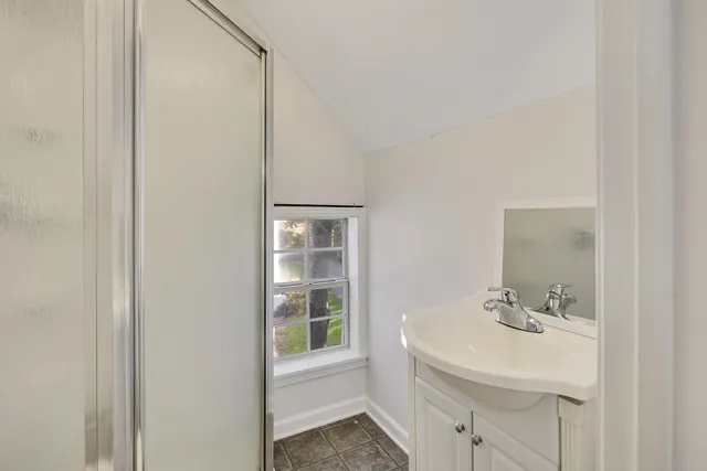 a bathroom with a sink a mirror and a shower