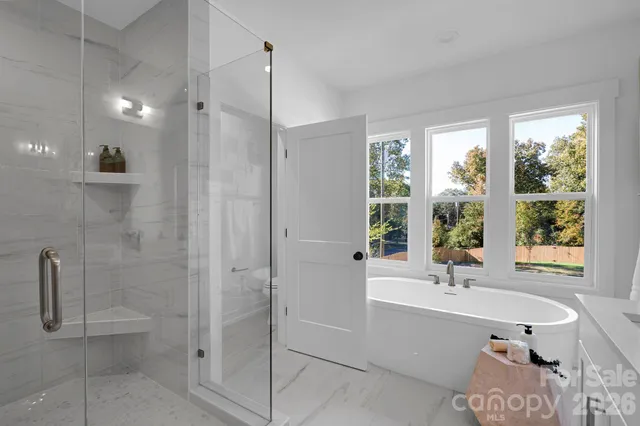 a bathroom with a bathtub and a shower