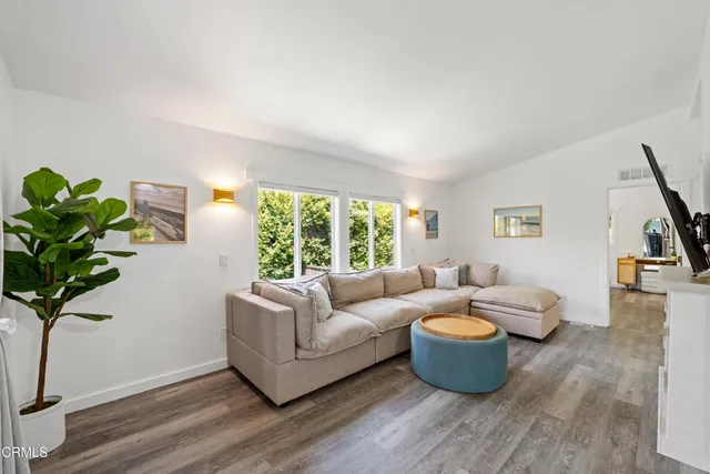 a living room with furniture dining table and a potted plant