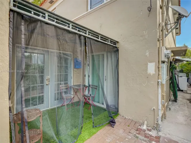 a view of a backyard with plants and a large tree
