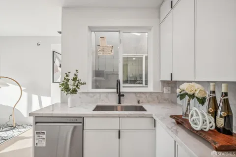 a sink with a potted plant on the counter