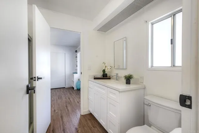 a bathroom with a sink toilet vanity and a mirror