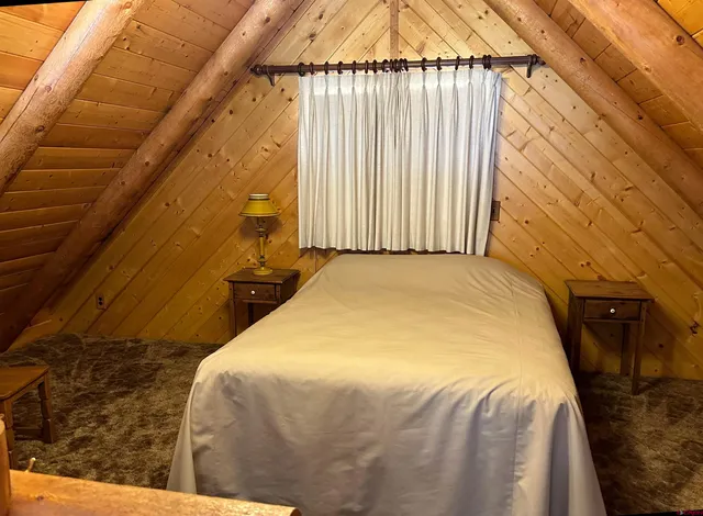 a bedroom with a bed and a shower