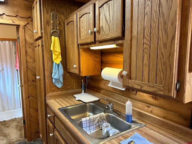 a kitchen with a sink and cabinets
