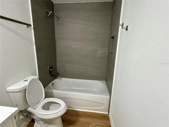 a bathroom with a toilet and a bathtub