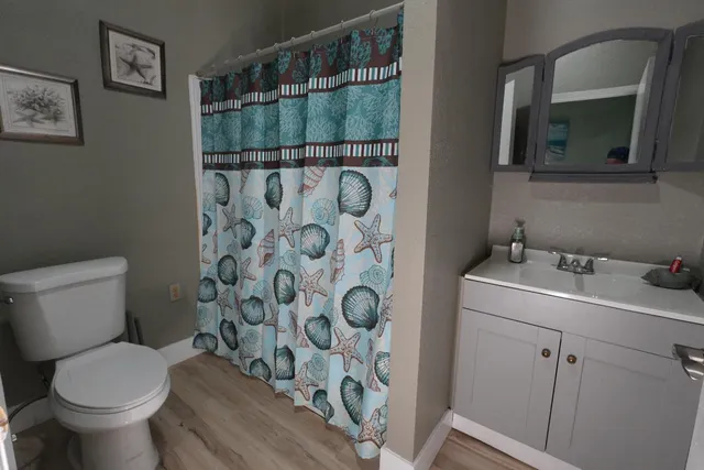 a bathroom with a toilet sink and mirror