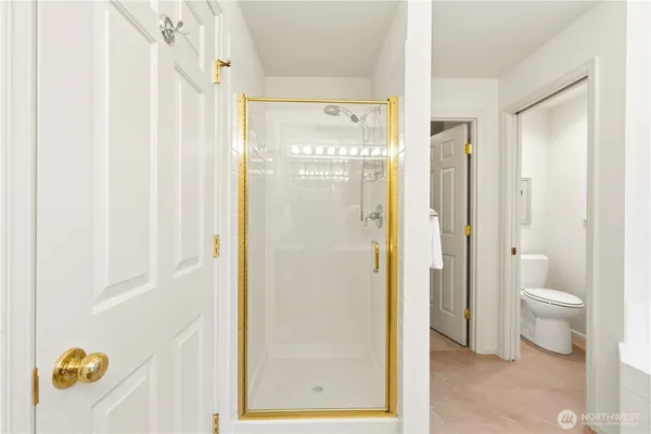 a bathroom with a shower and a toilet